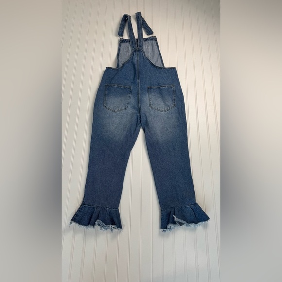 Boohoo Medium Wash Denim Overalls Ruffle Hem K26 - Picture 7 of 7